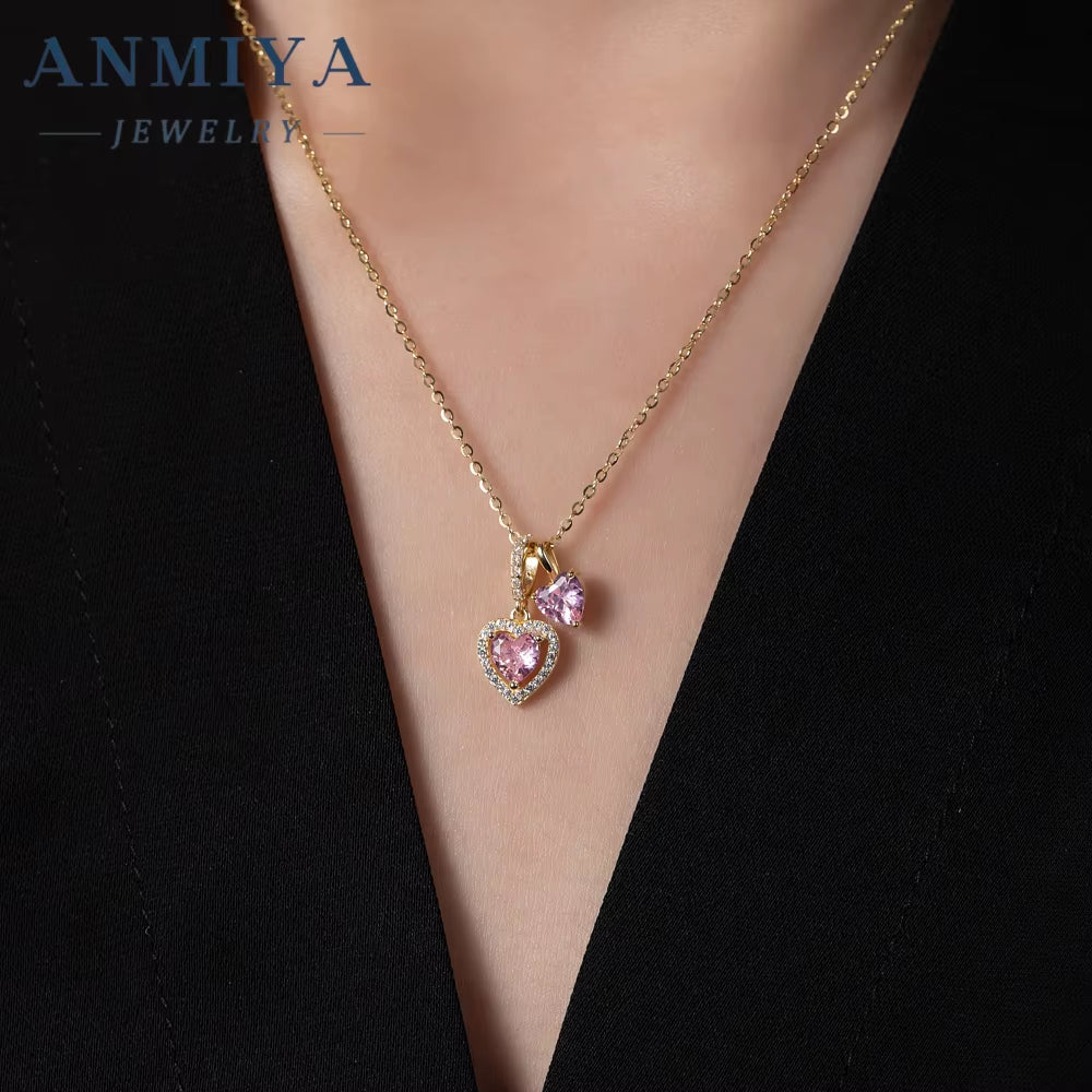 Professional Manufacturer Competitive Price Heart Pendant 925 Silver with Pink Zircons Necklace for Women