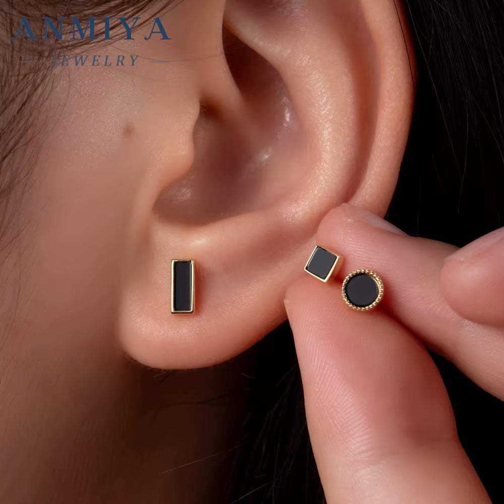 ANMIYA Geometric Shape round Squaer Black 925 Silver Vintage Piercings Stud Earrings 3 Pair for Women