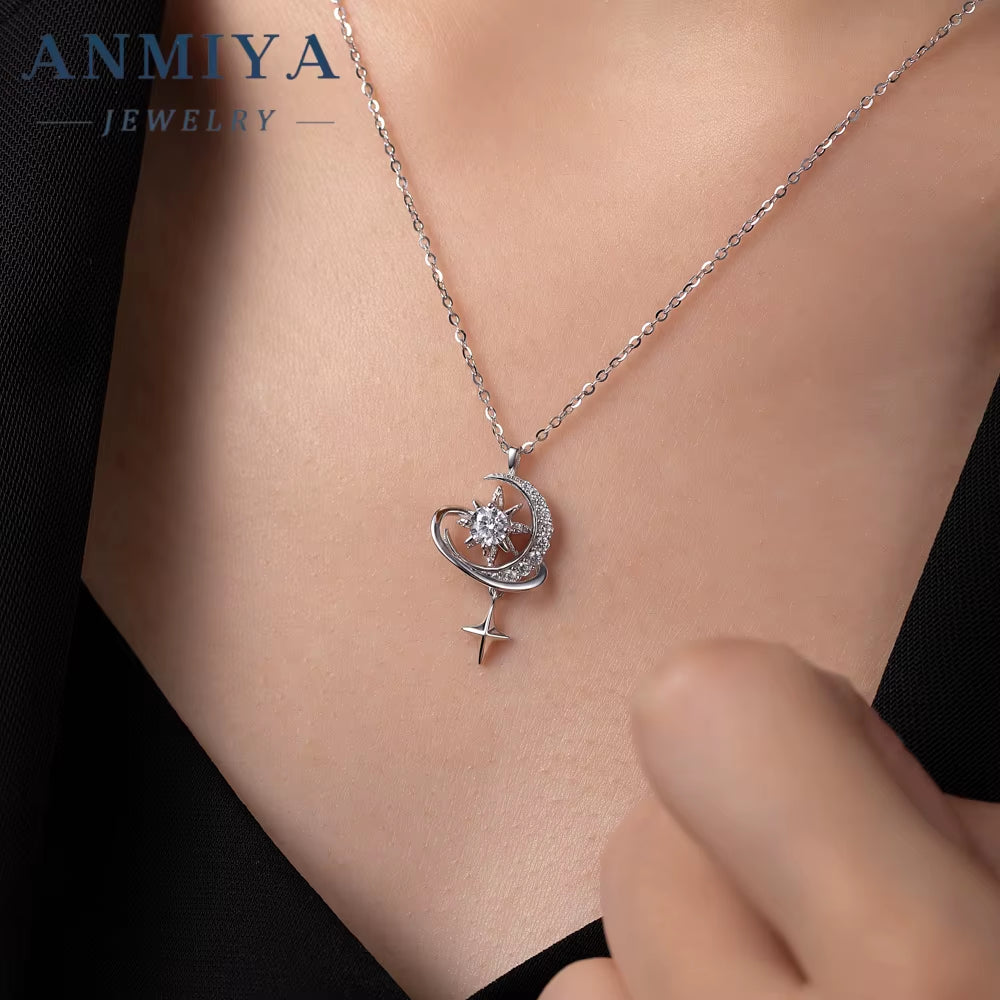 Women'S Fashion 925 Sterling Silver 18K Gold Pendant with Starry Sky Moon Star Zircon Cute Style Necklace for Weddings Occasions