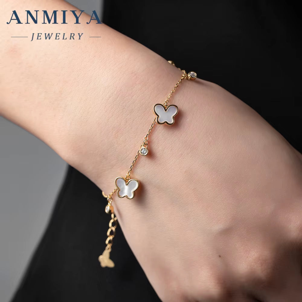ANMIYA Fashionable White Shell Butterfly Shape Zircon Gold Plated Sterling 925 Silver Designer Bracelets