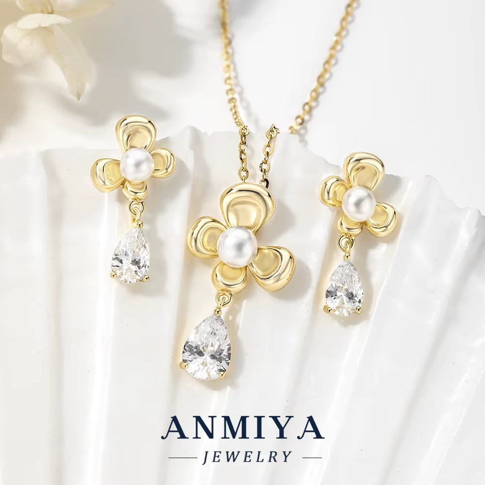 Elegant New Trendy Women'S 925 Sterling Silver Jewelry Set Zircon Gold Flower Earrings and Pearl Necklace