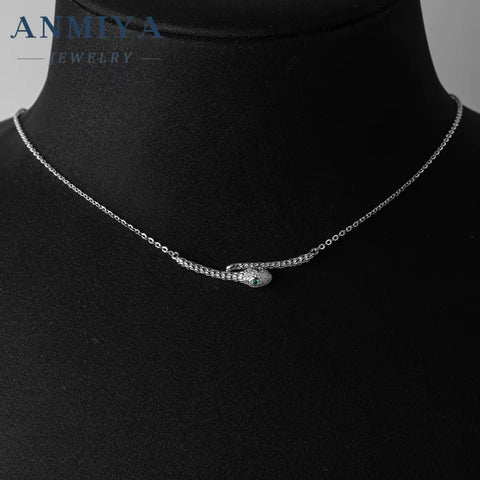 ANMIYA Snake Green Eyes Necklace One-Line Shape Collarbone Zircon 925 Sterling Silver Necklace for Women Fashion