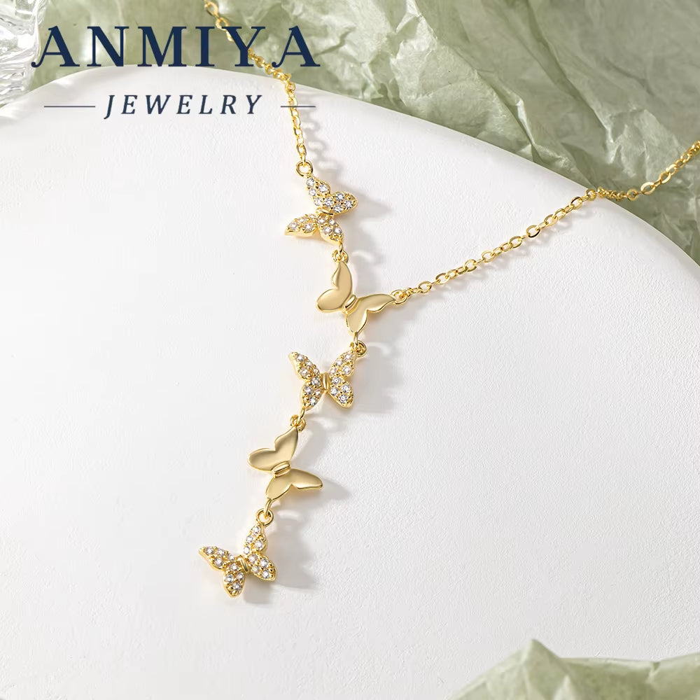ANMIYA 925 Sterling Silver Butterfly Five Hanging Pendant Necklace with Zirconia Inlay Necklace