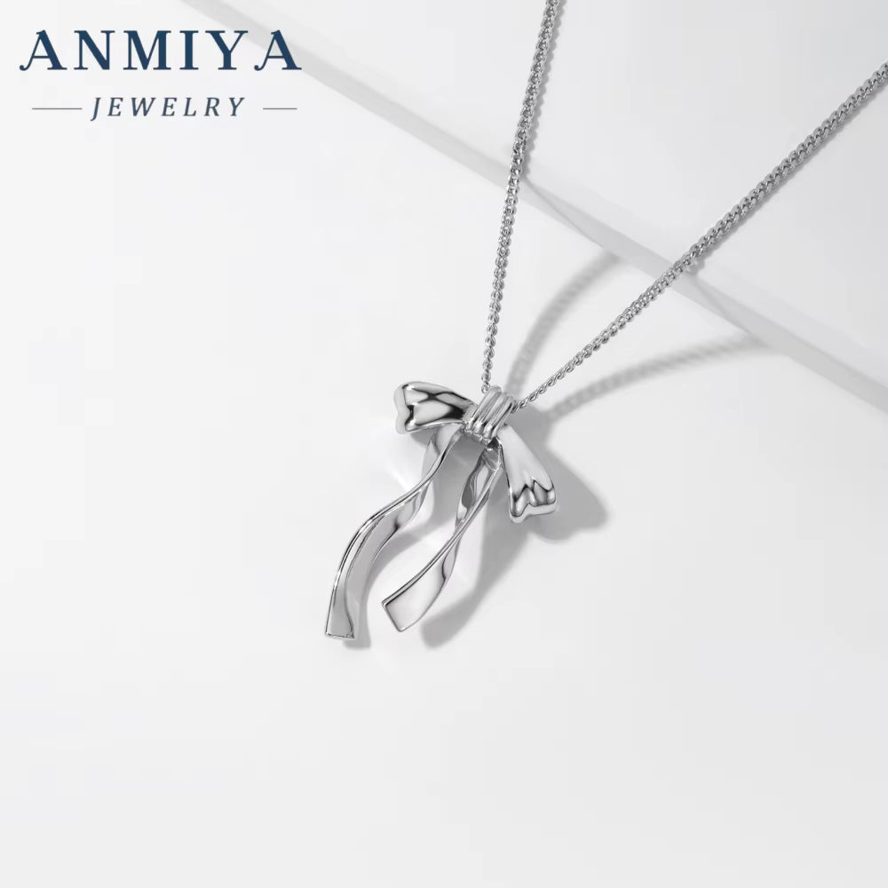 ANMIYA Simple Fashionable 925 Silver Necklace with Zirconia Sweet and Lovely Girl'S Bow Necklace