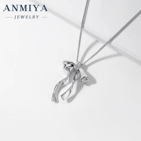 ANMIYA Simple Fashionable 925 Silver Necklace with Zirconia Sweet and Lovely Girl'S Bow Necklace
