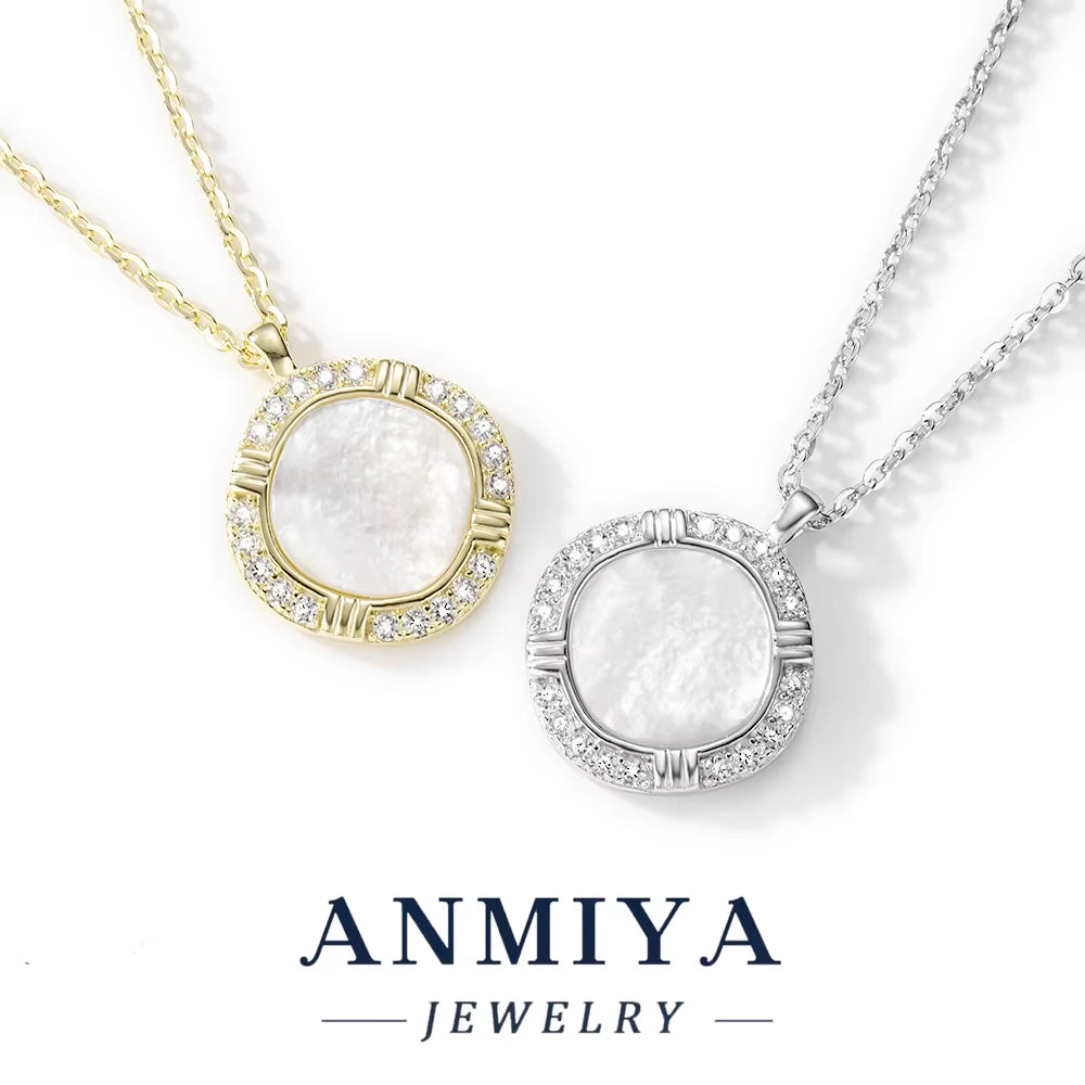ANMIYA 925 Sterling Silver 14K Gold-Plated round Pendant White Shell Elegant Design Necklaces