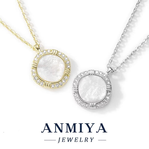 ANMIYA 925 Sterling Silver 14K Gold-Plated round Pendant White Shell Elegant Design Necklaces