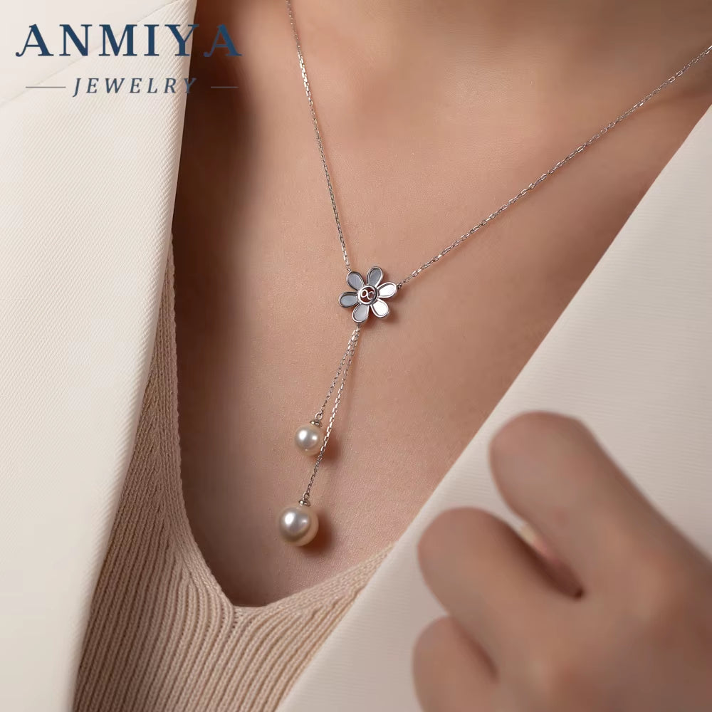 ANMIYA Women'S Long Tassel Pearl Zircon Flower Necklace Silver Plated 925 Silver Chain Style for Wedding Engagement