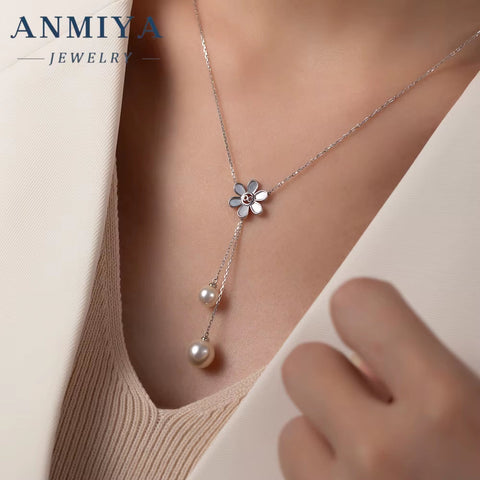 ANMIYA Women'S Long Tassel Pearl Zircon Flower Necklace Silver Plated 925 Silver Chain Style for Wedding Engagement