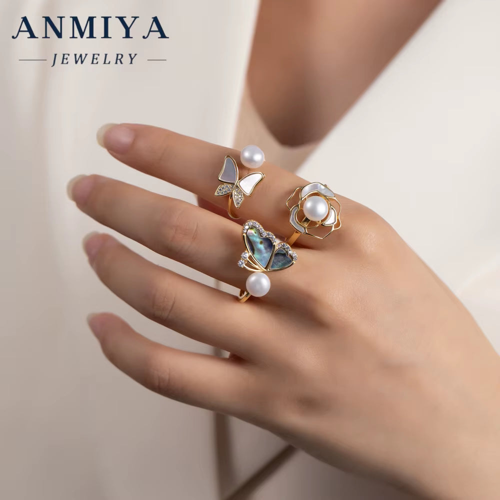 New Trendy 925 Sterling Silver Pearl Flower Butterfly Ring 18K Gold Plated Flower Rings for Lady Women Anniversary Gift