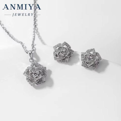 Women White or Rose Gold Plated White Zircon Roses Flowers S925 Necklace and Earrings Set Dubai Gold Jewelry Set
