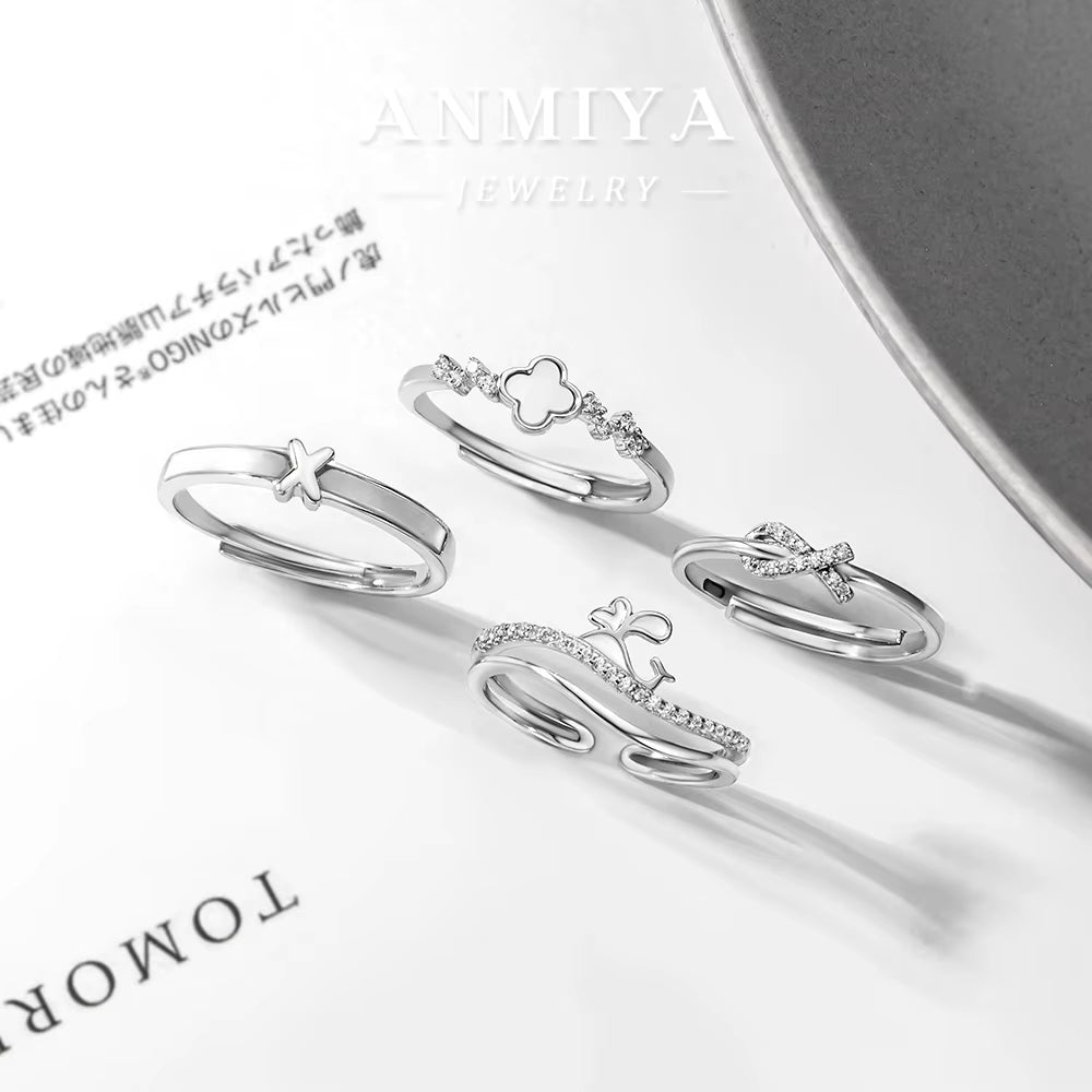 ANMIYA 925 Sterling Silver 18K Gold Plated Cubic Zirconia Clover Ring Twisted Eternity Band Ring for Women