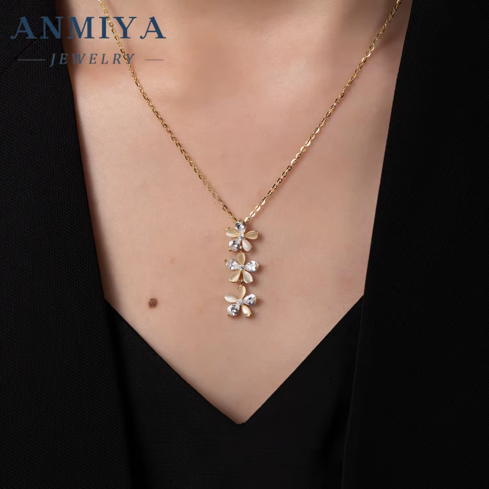 ANMIYA 925 Sterling Silver Women'S Korean Style Fine Long Flower Earrings Necklaces Set Dainty Zircon Weddings Gifts Wholesale
