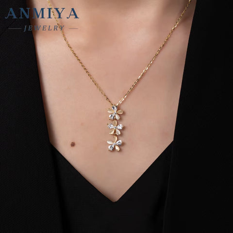 ANMIYA 925 Sterling Silver Women'S Korean Style Fine Long Flower Earrings Necklaces Set Dainty Zircon Weddings Gifts Wholesale