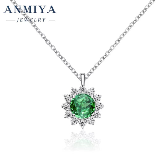 High Quality Silver 925 Fine Women Jewelry Cubic Zirconia round Brilliant Cut Sun Shape Emerald Pendant Necklace for Female
