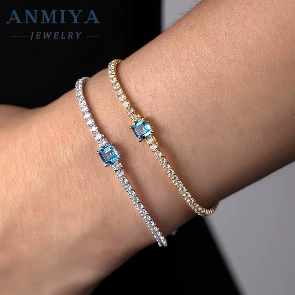 ANMIYA Jewelry 18K Gold Plated Chain Bracelet 925 Sterling Silver Blue Square Cubic Zircon Bracelet