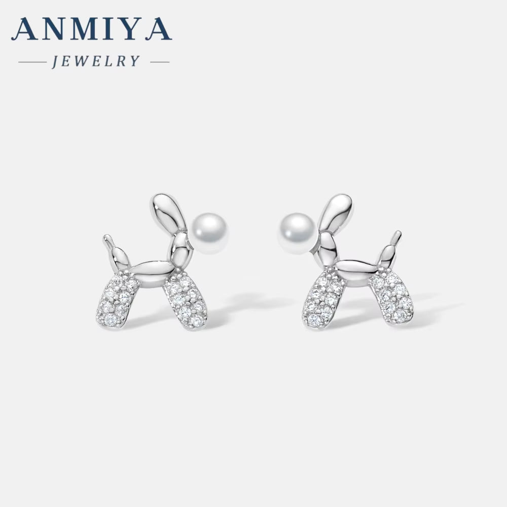 Cute Puppy Dog Drop Earrings 925 Sterling Silver Pearl Inlay Balloon Animal Jewelry Wholesaler Stud Earrings