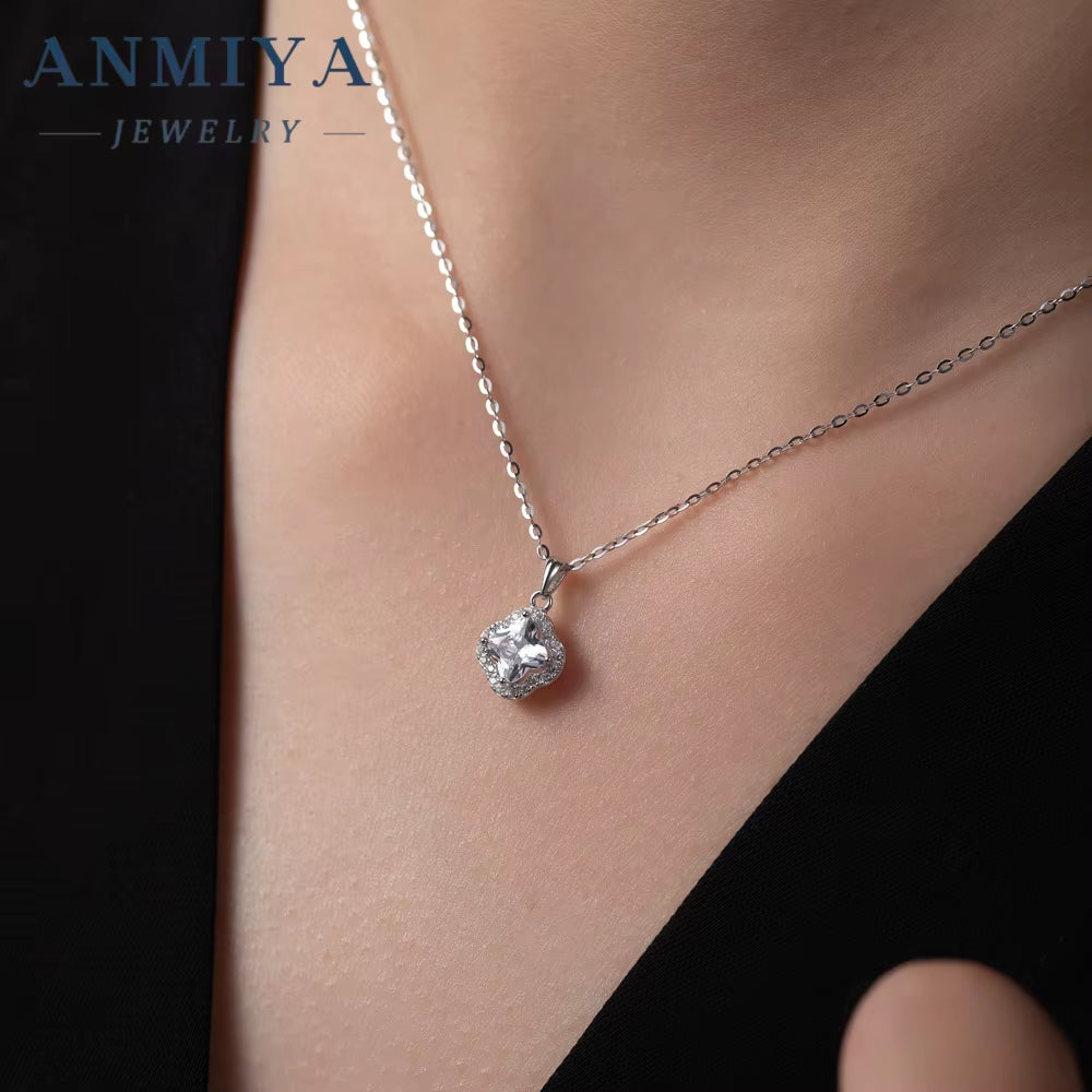 ANMIYA CUSTOM OEM Fine Jewelry Zircon 925 Sterling Silver Four Leaf Clover Flower Romantic Pendant Women Necklaces
