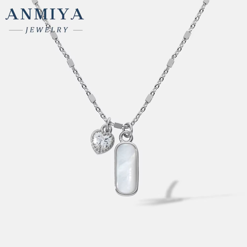 ANMIYA Rectangle White Shell Heart Pink Zircon 925 Silver Valentine'S Day Gift Charm Necklace for Women