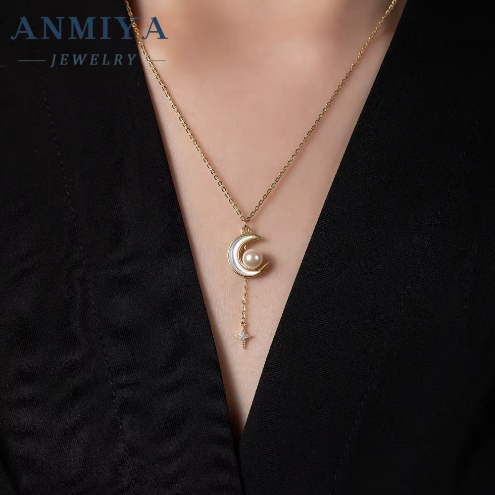ANMIYA Adjustable Necklace Star and Moon with Freshwater Pearl Tassels 925 Silver Necklace for Women