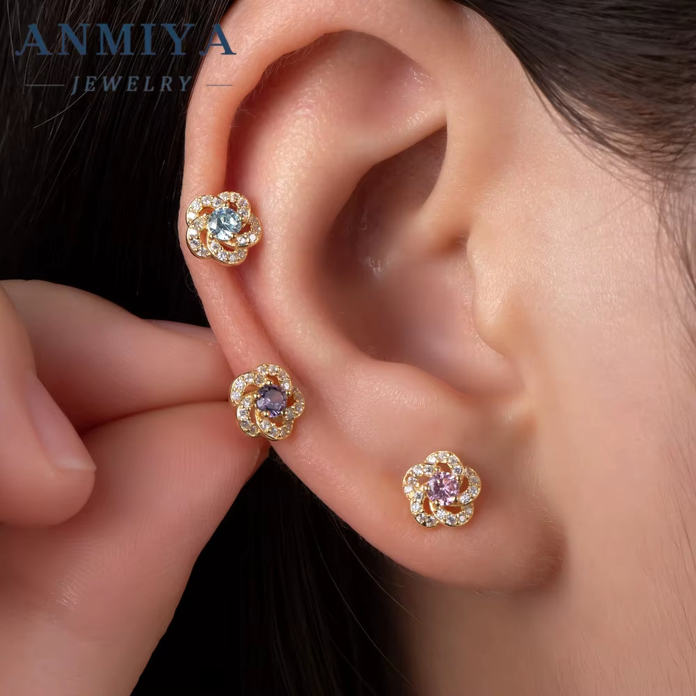 ANMIYA 2024 Flower-Shaped Stud Earrings Fashionable 925 Silver Fine Jewelry Earrings Three Zircon Flower Earring