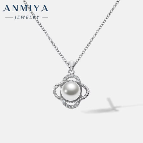 ANMIYA Four Leaf Clover Single Fresh Water Pearl Shape Flower 925 Silver Jewelry Necklace for Women Fashion