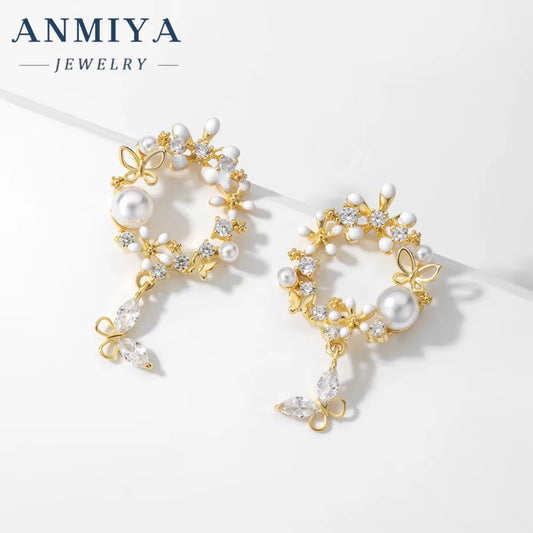 ANMIYA Fine Jewelry Butterfly Garland Fresh Water Pearl Statement Designer Cubic Zirconia 925 Silver Earrings Set Necklace