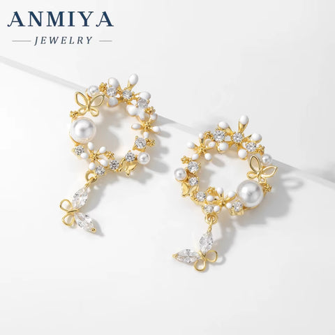 ANMIYA Fine Jewelry Butterfly Garland Fresh Water Pearl Statement Designer Cubic Zirconia 925 Silver Earrings Set Necklace