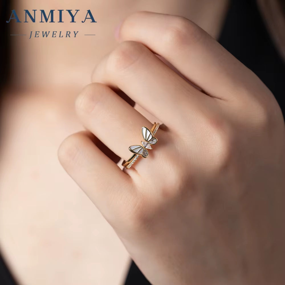 ANMIYA Promise Engagement 925 Silver Double Layer Butterfly Removable Rings Beat Gift for Wedding Rings Couple Set