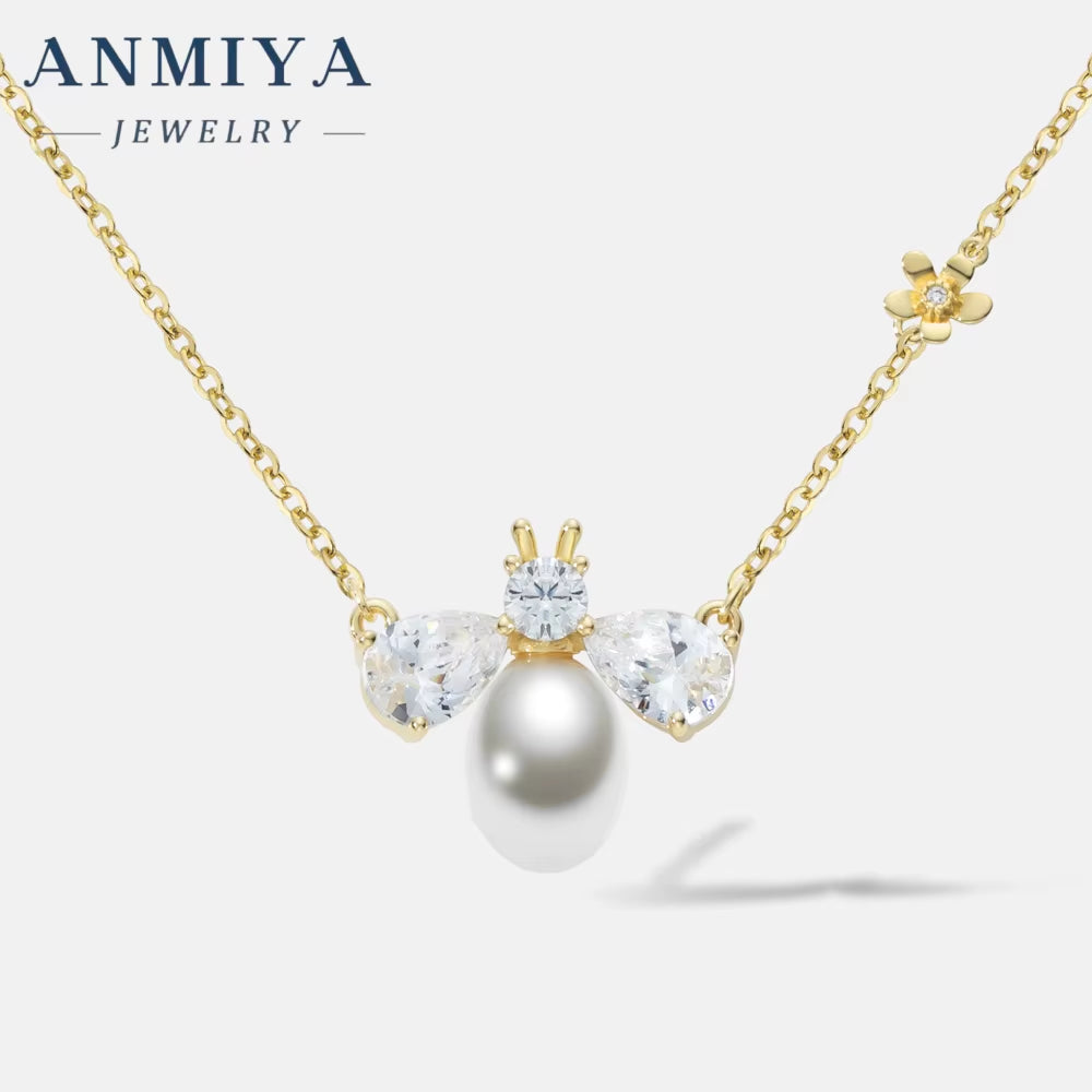 ANMIYA Personality Bee Fresh Water Pearl Pendant 925 Silver Jewelry Real Gold Plating Zircon Necklace for Women