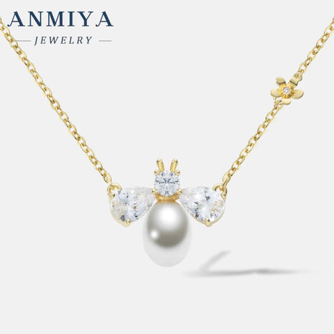 ANMIYA Personality Bee Fresh Water Pearl Pendant 925 Silver Jewelry Real Gold Plating Zircon Necklace for Women