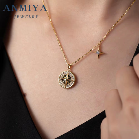 Unique Designed 925 Sterling Silver Pave round Cubic Zirconia CZ Ladies Compass Pendant Necklace