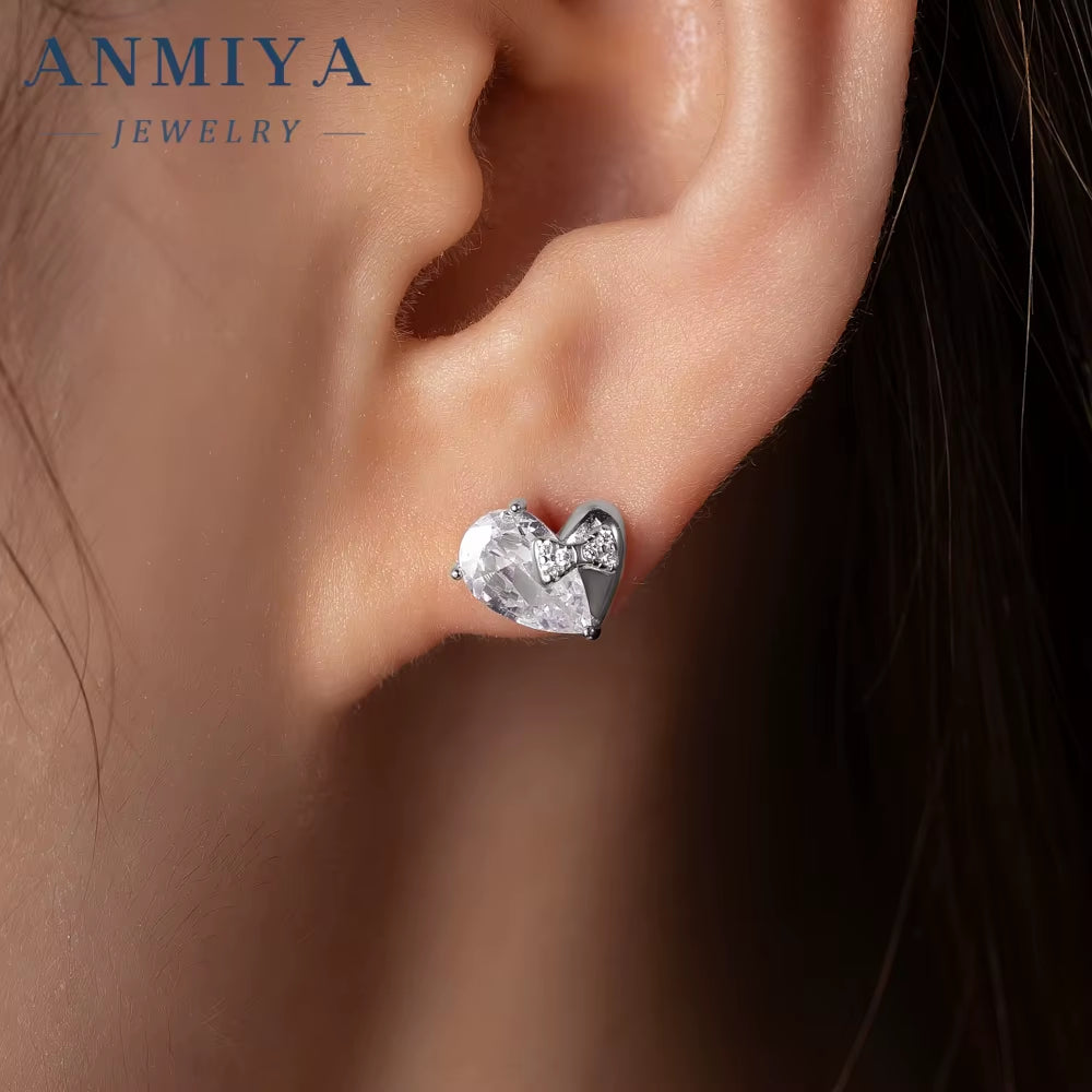 Women Simple Fine Jewelry Diamond Cubic Zircon Stone Elegant 925 Sterling Silver Heart Shaped Stud Earrings for Girls