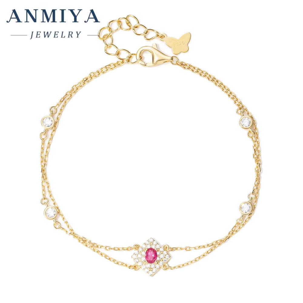 925 Silver Jewelry Geometric Clover Bracelet Double Layer with Garnet Stone Modern Bridal Jewelry for Jewelry Wholesalers