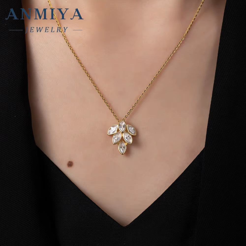 ANMIYA Custom Wholesale Fashion Ladies Necklace Earring Sets Rhinestone Long Leaf Gold Jewelry Set for Women