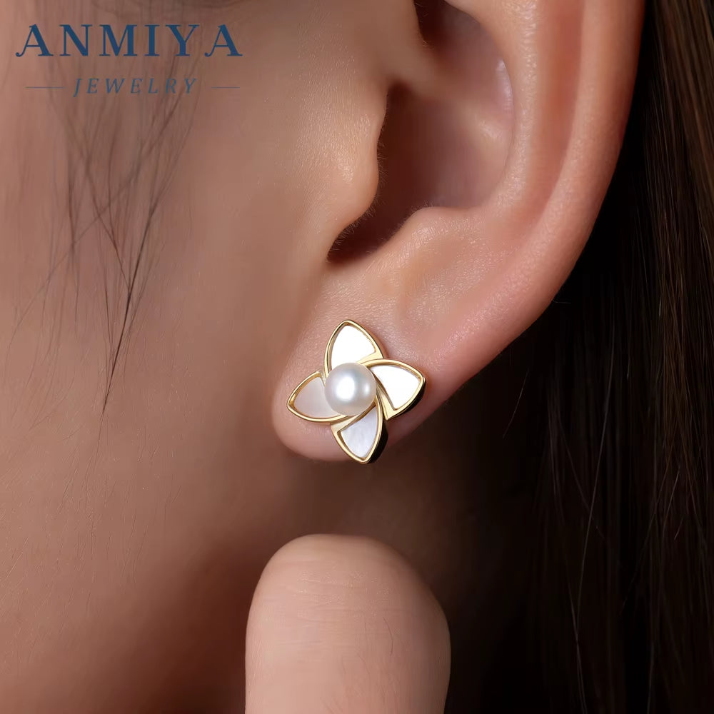 ANMIYA Accessory Jewelry Sterling 925 Inoxidable Flower Shape Freshwater Pearl Fashionable Necklace and Earrings Set