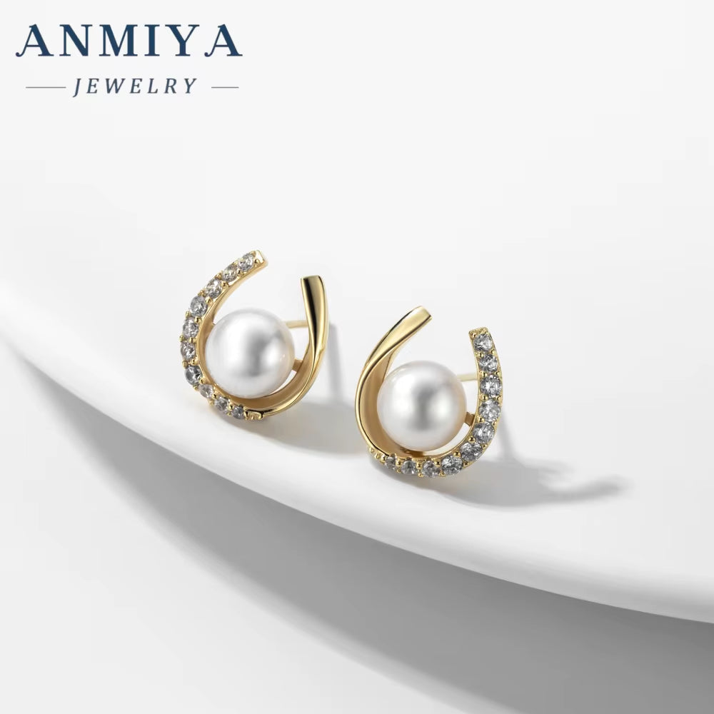 ANMIYA Minimalist Elegant U Shape Zircon Fresh Water Pearl Stud Earrings 925 Silver Baroque Pearl Earrings for Womens