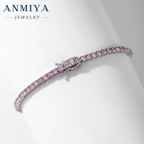 ANMIYA 925 Silver Zircon Pink Blue Tennis Chain Bracelet Hip Hop Jewelry Gold Silver Material Women CZ Bracelet Iced Out