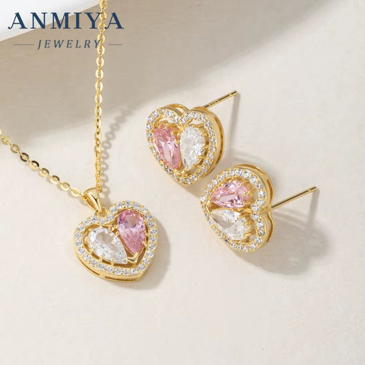 ANMIYA Hypoallergenic 18K Gold Plated Heart Pink Zircon High Quality Brand Necklace 925 Silver Earrings Set
