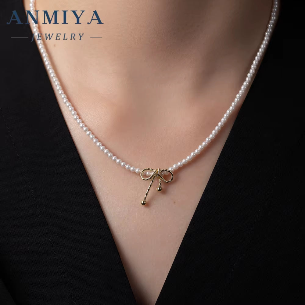 ANMIYA 18K Gold Plated Fashion Charms Choker 925 Silver Baroque Beaded Butterfly Bow Bead Jewelry Pearl Necklaces for Women