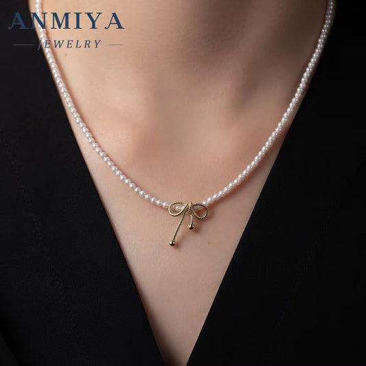 ANMIYA 18K Gold Plated Fashion Charms Choker 925 Silver Baroque Beaded Butterfly Bow Bead Jewelry Pearl Necklaces for Women