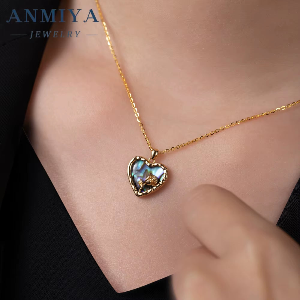 ANMIYA Unisex 18K Gold Plated 925 Silver Rose Fashion Necklace with Zircon Natural Shell Heart Cute Style for Weddings Parties