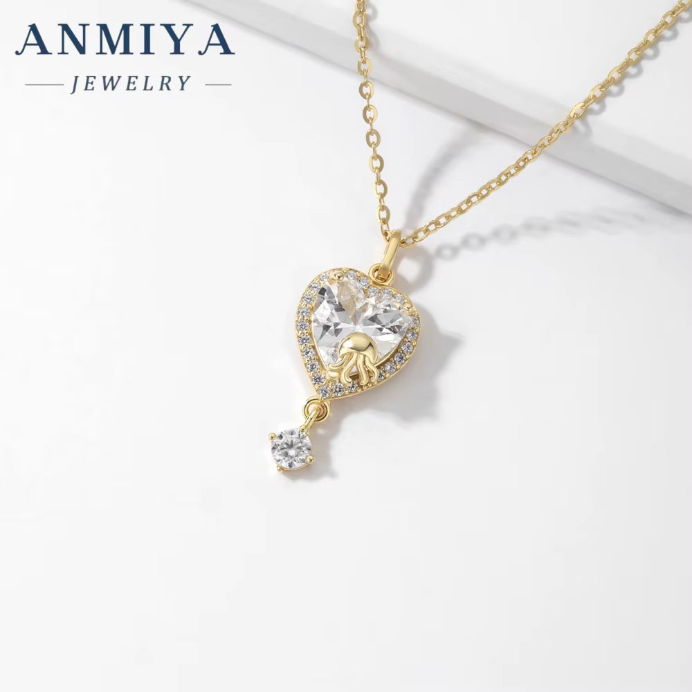 ANMIYA Best Selling 925 Sterling Silver Luxury Necklace Earrings Set for Women Zircon Heart Necklace Fine Jewelry Set