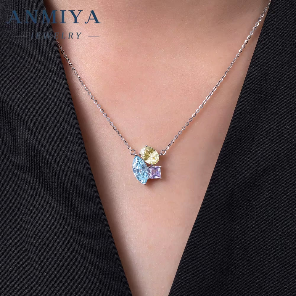 Colored Geometric Zircon round Ice Flower Cut Blue Stone 925 Silver Necklace and Earrings Stud Jewelry Set