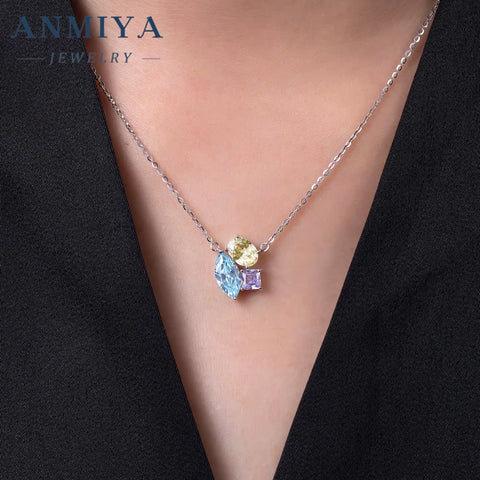 Colored Geometric Zircon round Ice Flower Cut Blue Stone 925 Silver Necklace and Earrings Stud Jewelry Set