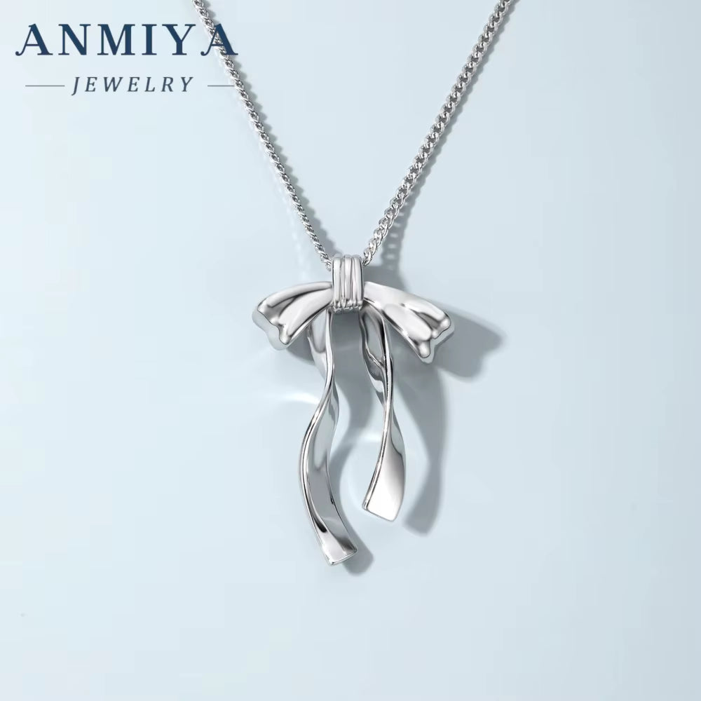ANMIYA Simple Fashionable 925 Silver Necklace with Zirconia Sweet and Lovely Girl'S Bow Necklace