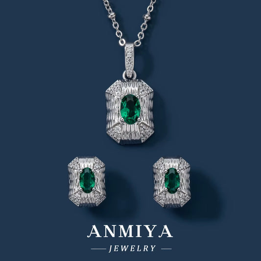 2024 New Green Square Necklace Earrings 925 Silver 18K Gold-Plated Zircon Fashion Jewelry Necklace Set for Women