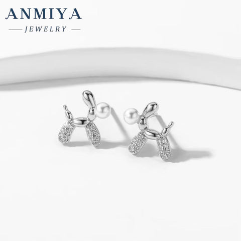 Cute Puppy Dog Drop Earrings 925 Sterling Silver Pearl Inlay Balloon Animal Jewelry Wholesaler Stud Earrings