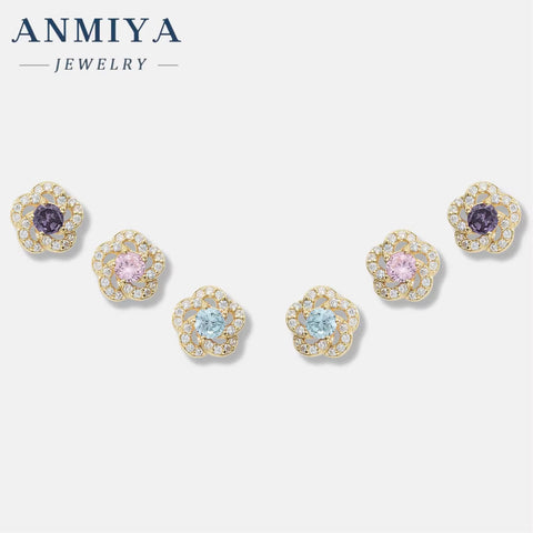 ANMIYA 2024 Flower-Shaped Stud Earrings Fashionable 925 Silver Fine Jewelry Earrings Three Zircon Flower Earring