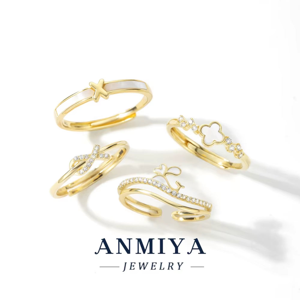 ANMIYA 925 Sterling Silver 18K Gold Plated Cubic Zirconia Clover Ring Twisted Eternity Band Ring for Women